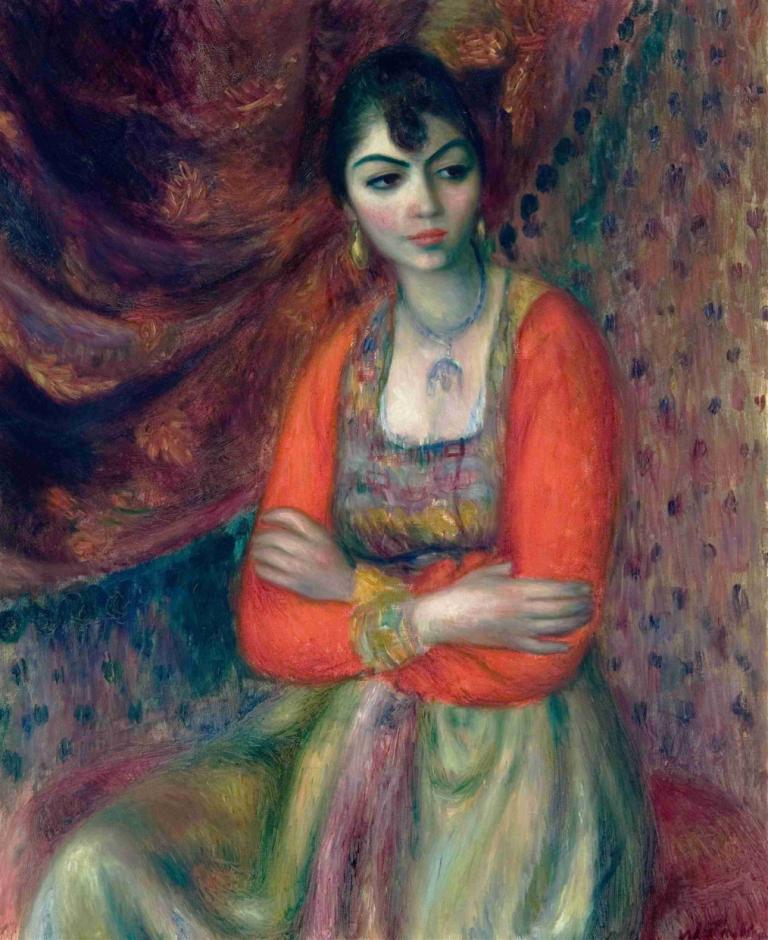 Armenian Girl,William James Glackens,Oil Painting,Oil Painting, 1girl, jewelry, solo, black hair, earrings