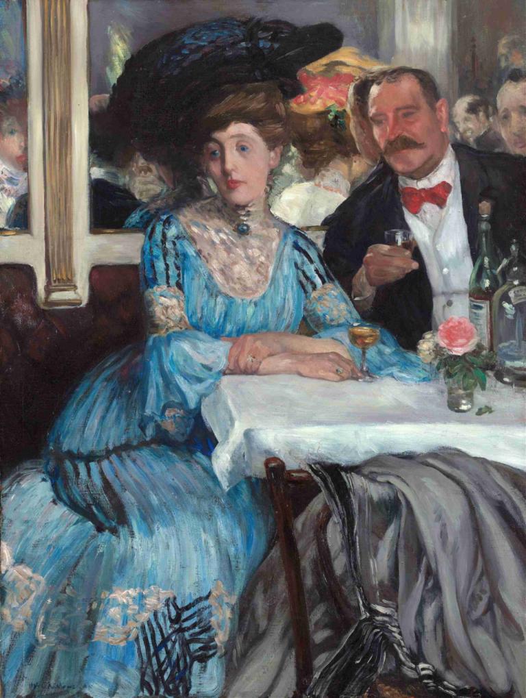 At Mouquin’s,William James Glackens,Oil Painting,Oil Painting, dress, 1girl, fine art parody, bow, blue dress