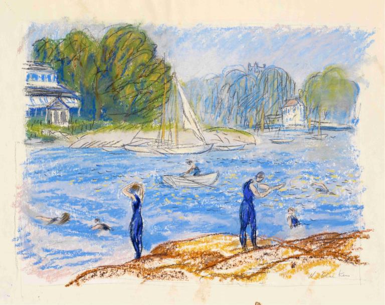 Bathers, Annisquam,William James Glackens,Oil Painting,Oil Painting, boat, watercraft, multiple boys, tree