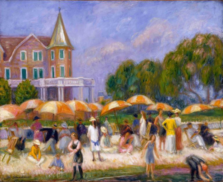 Beach Umbrellas at Blue Point,William James Glackens,Oil Painting,Oil Painting, multiple girls, multiple boys