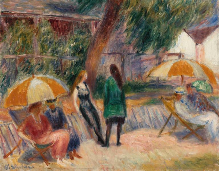 Beach with Figures, Bellport,William James Glackens,Oil Painting,Oil Painting, multiple girls, umbrella