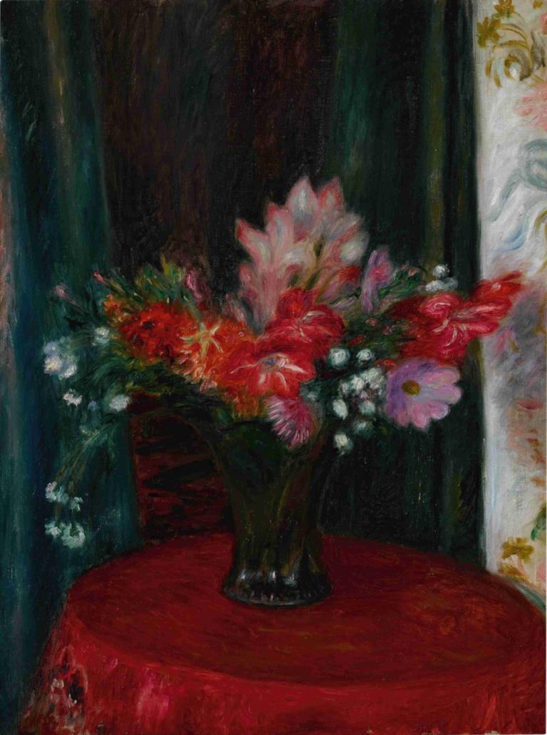 Bouquet on Red Tablecloth,William James Glackens,Oil Painting,Oil Painting, flower, no humans, pink flower