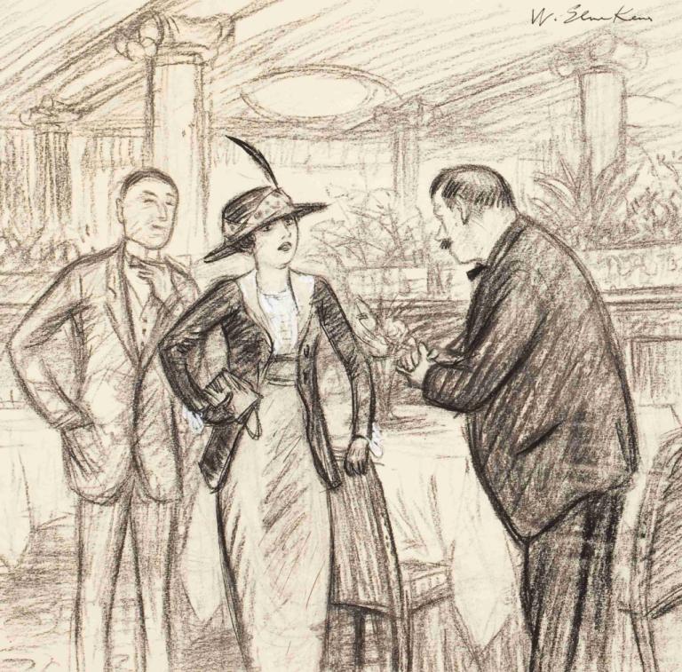 Couple at a Café,William James Glackens,Sketch,Sketch, monochrome, multiple boys, sketch, hat, 1girl, 2boys