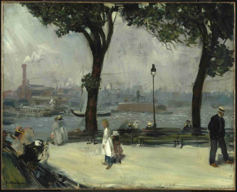 East River Park,William James Glackens,Oil Painting,Oil Painting, tree, watercraft, multiple boys, boat, hat