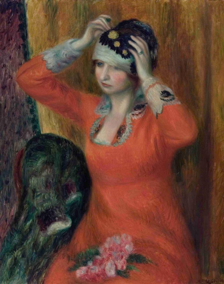 Girl in Red Dress Pinning on Hat,Pige i rød kjole, der sætter en hat,William James Glackens,Oliemaleri