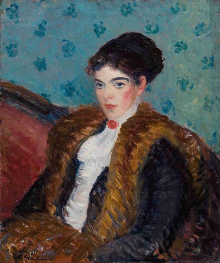 Girl with Fox Furs,Chica con pieles de zorro,William James Glackens,Pintura al óleo,Pintura al óleo, solo