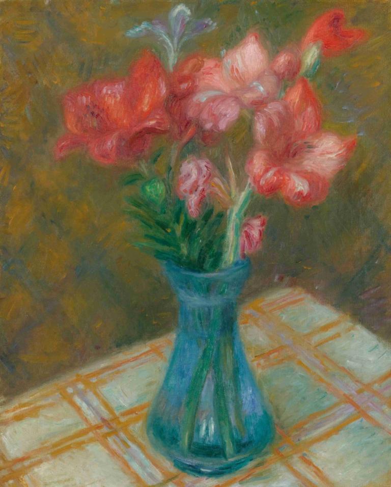 Gladiolas In Green Glass Vase,Gladiola Dalam Vas Kaca Hijau,William James Glackens,Lukisan cat minyak