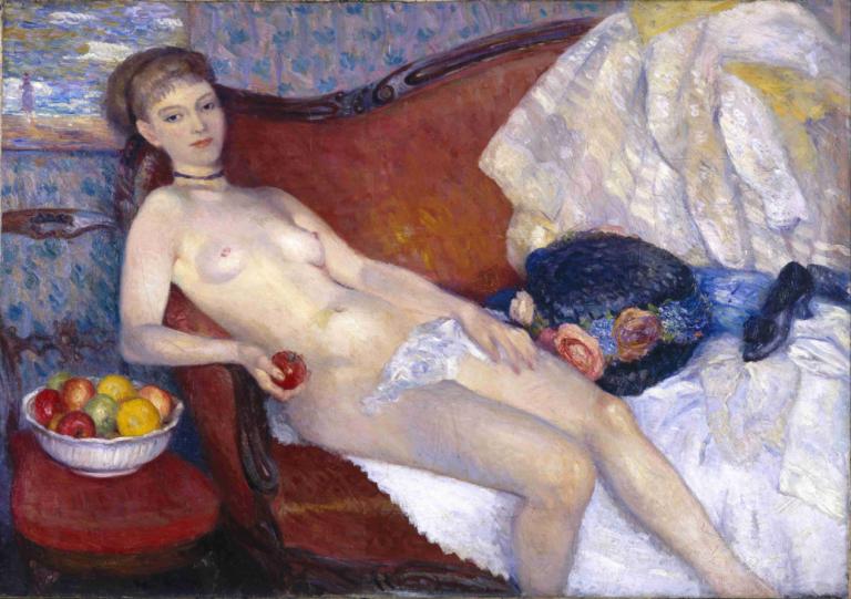 Nude with Apple,Telanjang dengan Apple,William James Glackens,Lukisan cat minyak,Lukisan cat minyak, 1 gadis