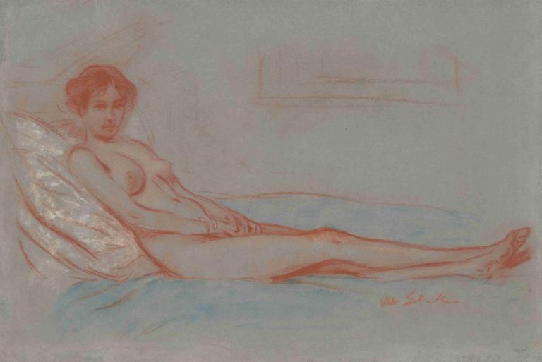 Reclining Female Nude,Liggend vrouwelijk naakt,William James Glackens,Kleurenschets,Kleurenschets, 1meisje