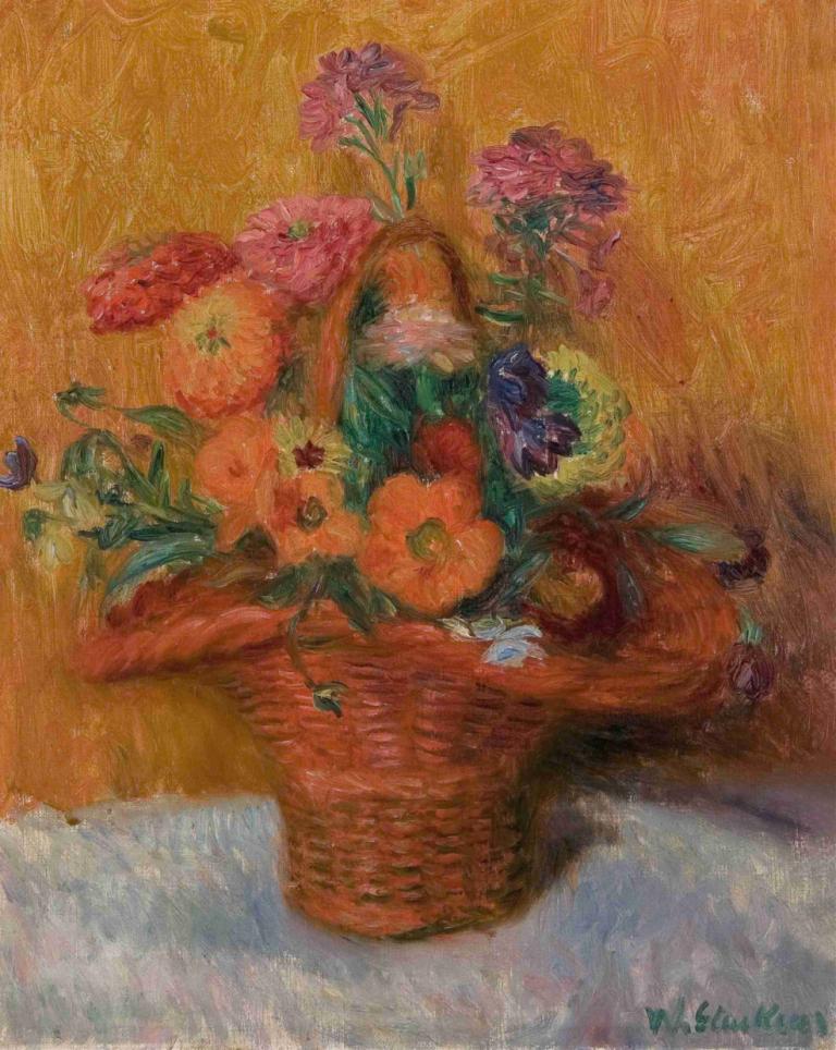 Red Basket of Zinnias,Rode mand met Zinnia's,William James Glackens,Olieverf,Olieverf, bloem, geen mensen