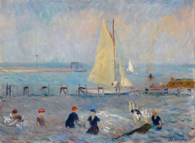 Seascape with Six Bathers, Bellport,Zeegezicht met zes baders, Bellport,William James Glackens,Olieverf