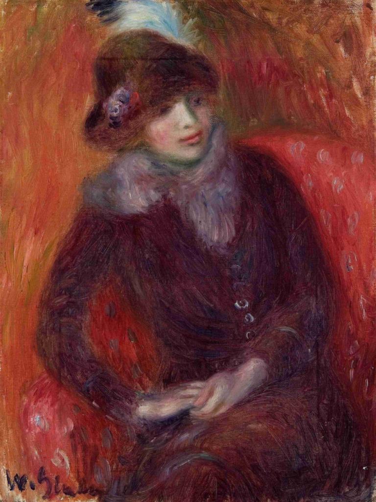 Seated Woman with Fur Neckpiece and Red Background,William James Glackens,Oil Painting,Oil Painting, solo