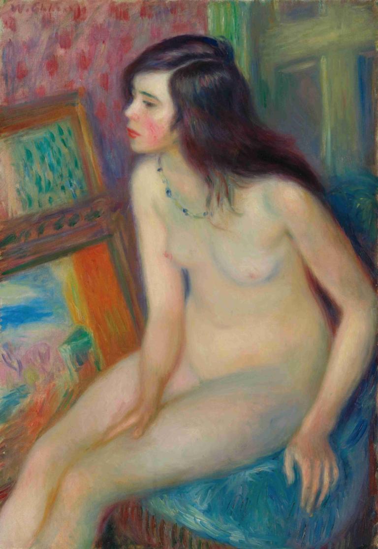 Temple Gold Medal Nude,William James Glackens,Oil Painting,Oil Painting, 1girl, solo, nipples, nude, jewelry