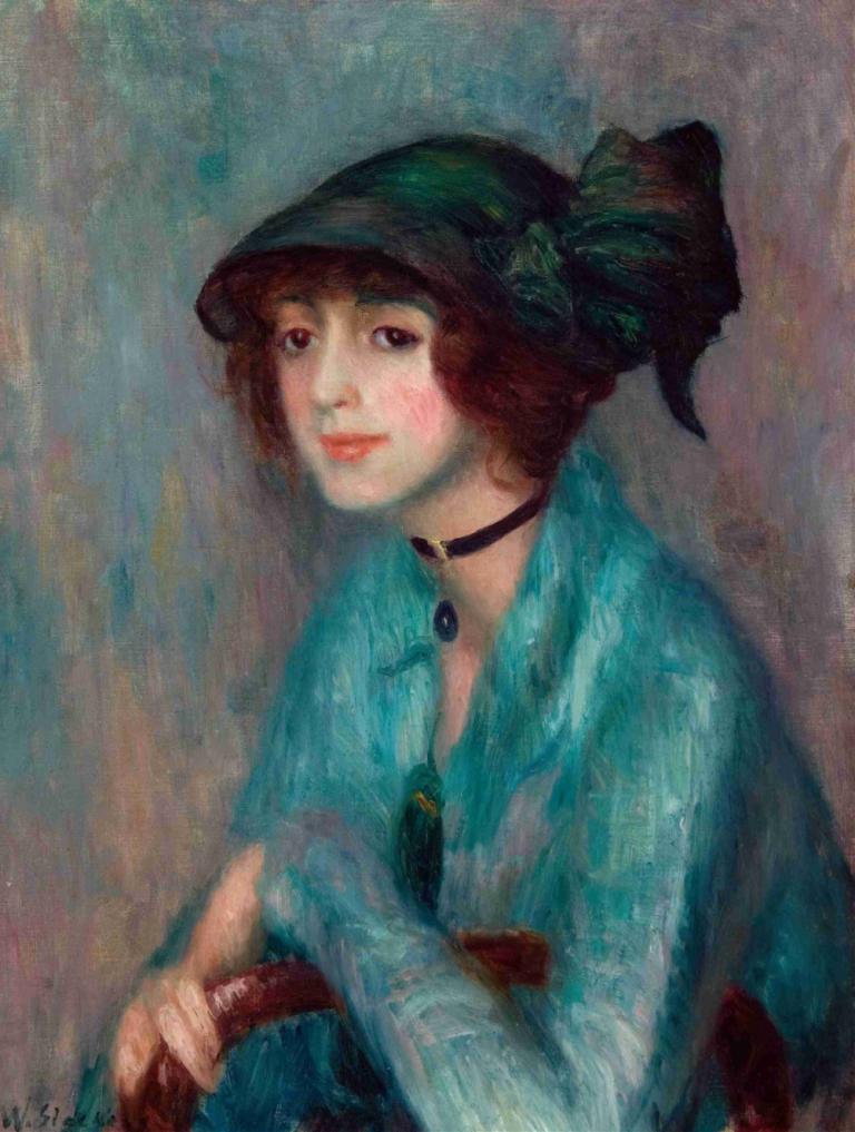 The Brunette,William James Glackens,Oil Painting,Oil Painting, 1girl, solo, brown hair, choker