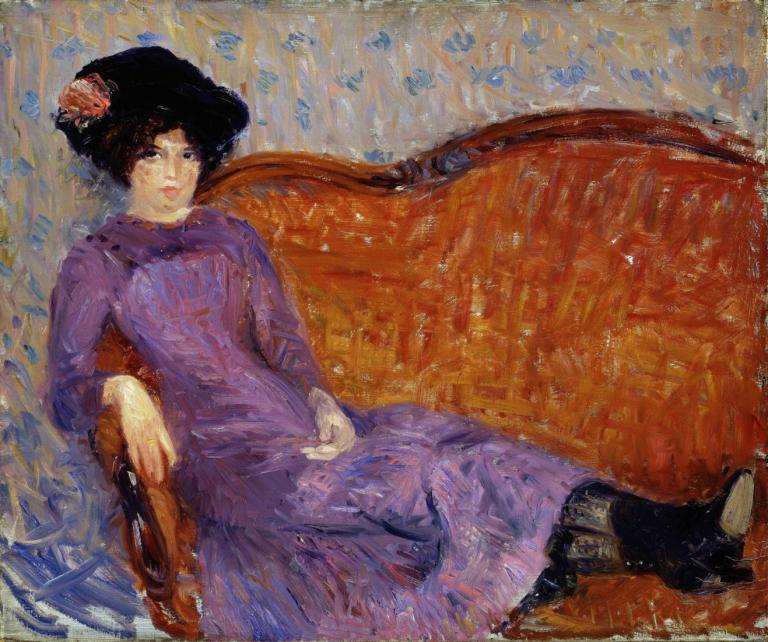 The Purple Dress,William James Glackens,Oil Painting,Oil Painting, 1girl, solo, dress, couch, black hair