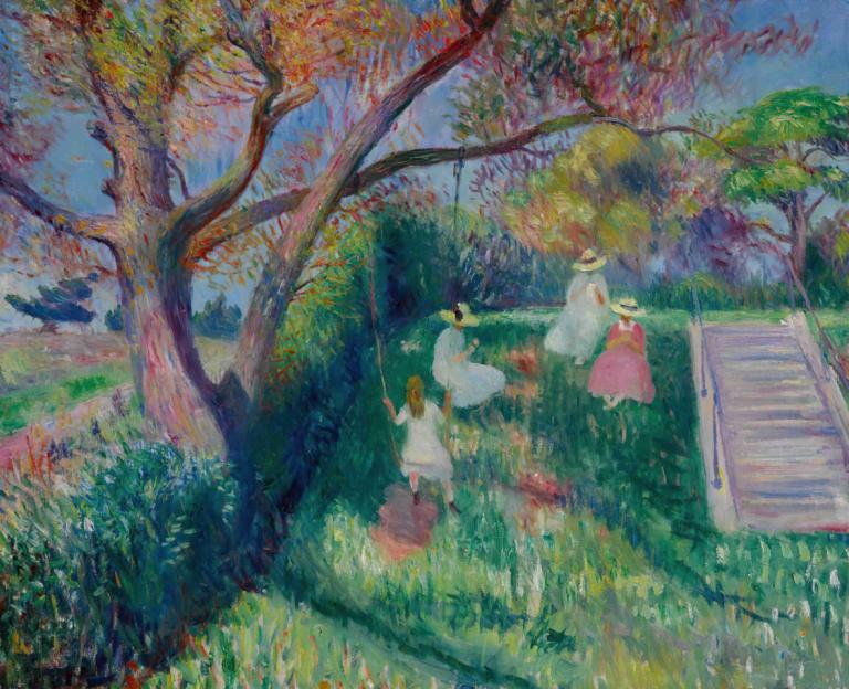 The Swing,William James Glackens,Oil Painting,Oil Painting, tree, multiple girls, outdoors, grass