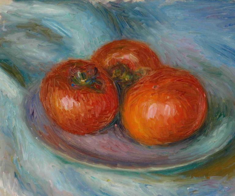 Three Tomatoes,Trije paradižniki,William James Glackens,Oljna slika,Oljna slika, plošča, hrano