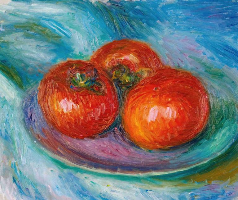 Three Tomatoes,Trije paradižniki,William James Glackens,Oljna slika,Oljna slika, brez ljudi, hrano, plošča