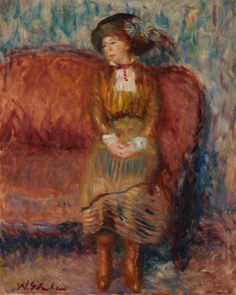 Woman Seated on Red Sofa,William James Glackens,Oil Painting,Oil Painting, 1girl, solo, dress, couch, sitting