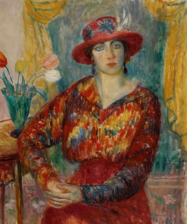 Woman in Red Blouse with Tulips,William James Glackens,Oil Painting,Oil Painting, 1girl, solo, hat, flower