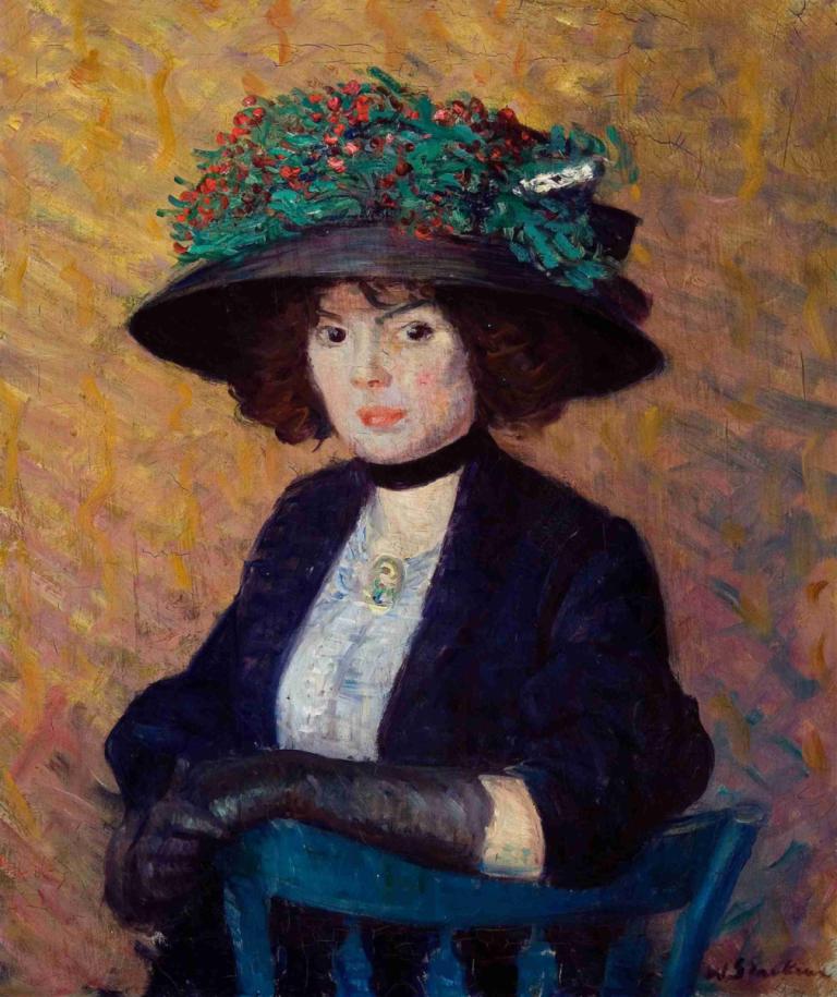 Woman with Green Hat,William James Glackens,Oil Painting,Oil Painting, 1girl, solo, hat, gloves, black gloves