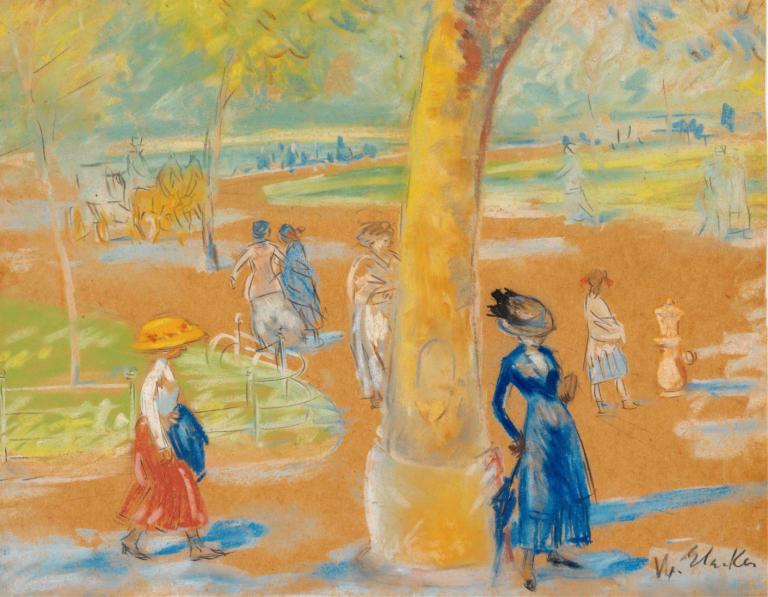 Woman with Umbrella, Washington Square,William James Glackens,Oil Painting,Oil Painting, tree, multiple girls