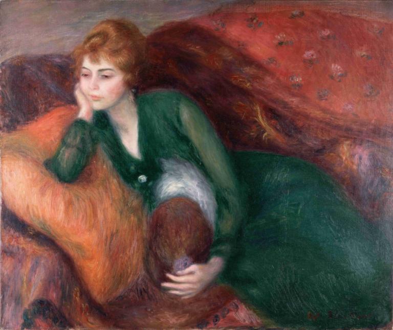 Young Woman in Green,William James Glackens,Oil Painting,Oil Painting, 1girl, couch, dress, solo, brown hair