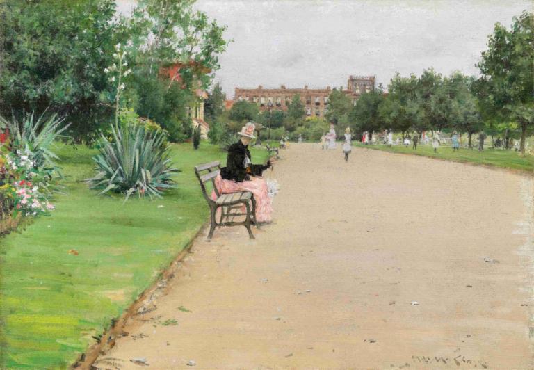 A City Park,William Merritt Chase,Oil Painting,Oil Painting, outdoors, tree, traditional media, chair