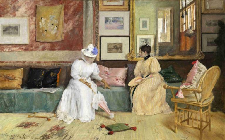 A Friendly Call,William Merritt Chase,Oil Painting,Oil Painting, dress, multiple girls, 2girls, sitting