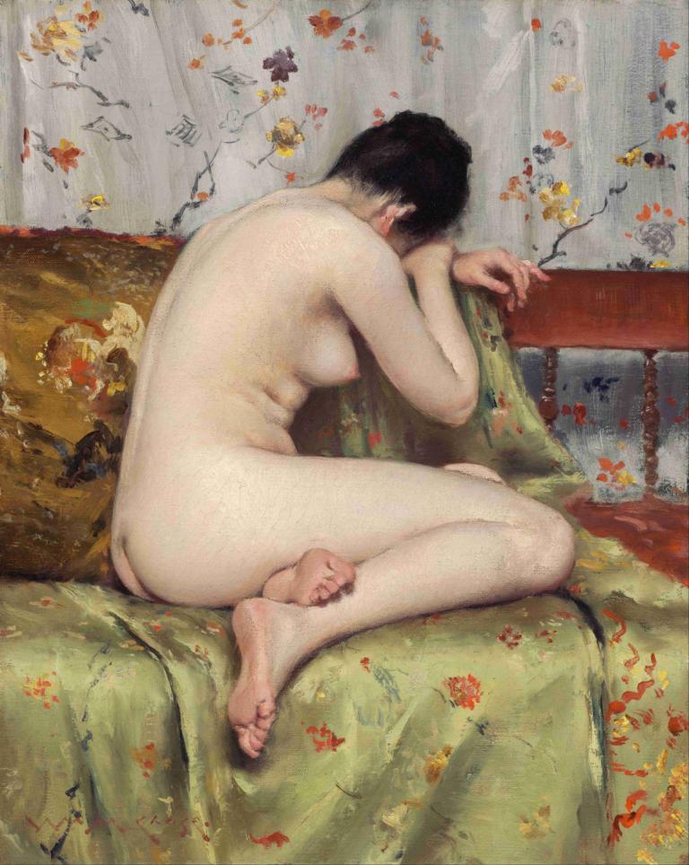 A Modern Magdalen,William Merritt Chase,Oil Painting,Oil Painting, 1girl, solo, nude, breasts, ass