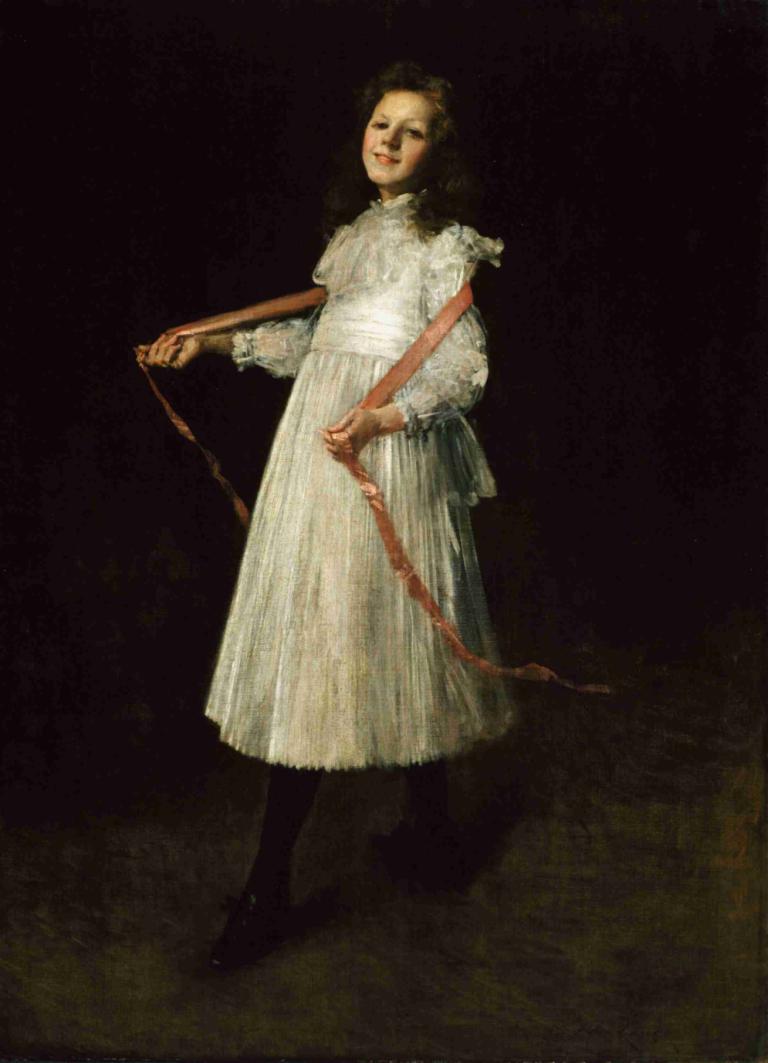 Alice,アリス,William Merritt Chase,ウィリアム・メリット・チェイス,油絵,油絵, 1女の子, ソロ, ドレス, 白いドレス, 黒髪, 美術パロディ, 立っている, 長い髪, 全身, 現実的な