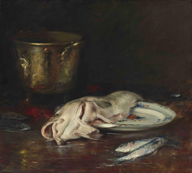 An English Cod,William Merritt Chase,Oil Painting,Oil Painting, no humans, plate, fine art parody, realistic