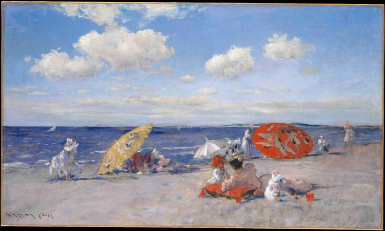 At the Seaside,在海边,William Merritt Chase,威廉-梅里特-蔡斯,油画,油画, 户外, 云, 海洋, 海滩, 天空, 天, 伞, 边界, 多个男孩, 多个女孩, 坐着, 蓝天, 沙