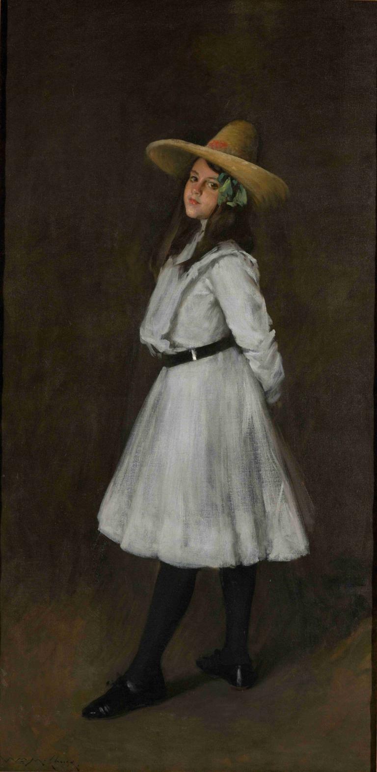 Dorothy,William Merritt Chase,Oil Painting,Oil Painting, 1girl, solo, hat, dress, white dress, belt