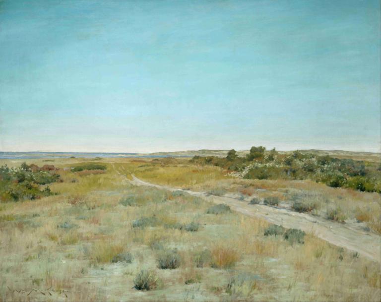 First Touch of Autumn,第一抹秋色,William Merritt Chase,威廉-梅里特-蔡斯,油画,油画, 没有人类, 户外, 风景, 天空, 传统媒体, 天, 蓝天, 草, 树, 场地, 路