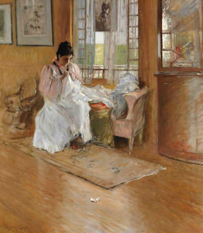 For the Little One,William Merritt Chase,Oil Painting,Oil Painting, indoors, window, sitting, black hair