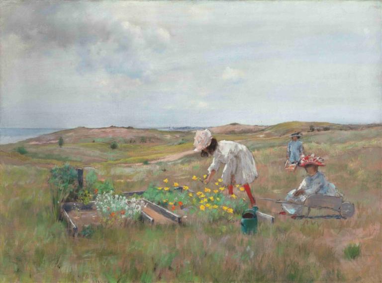 Gathering Flowers, Shinnecock, Long Island,William Merritt Chase,Oil Painting,Oil Painting, outdoors, flower