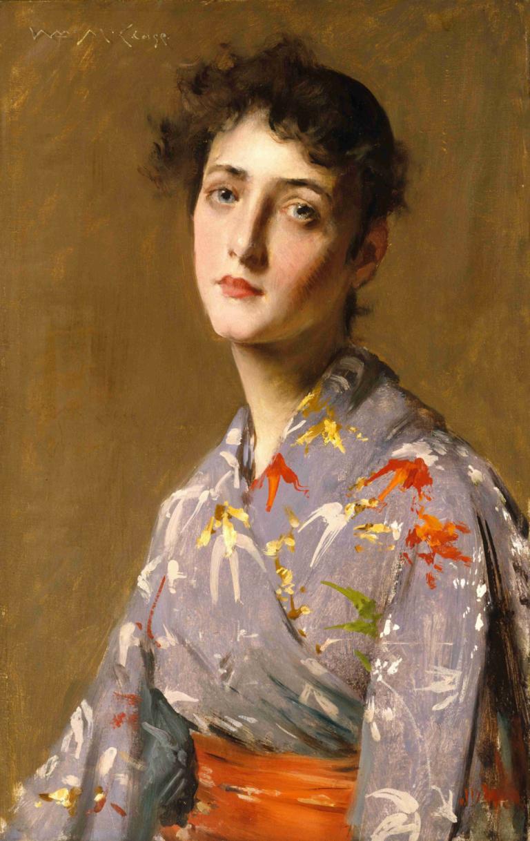 Girl In A Japanese Costume,和装の少女,William Merritt Chase,ウィリアム・メリット・チェイス,油絵,油絵, ソロ, 1女の子, 和服, 着物, サッシ, 現実的な, 黒髪