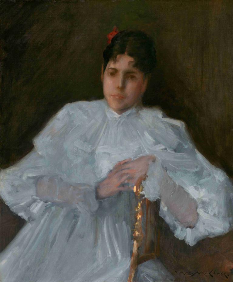 Girl in White,白衣の少女,William Merritt Chase,ウィリアム・メリット・チェイス,油絵,油絵, 美術パロディ, 1女の子, ソロ, ドレス, 白いドレス, 偽の伝統的なメディア, 黒髪