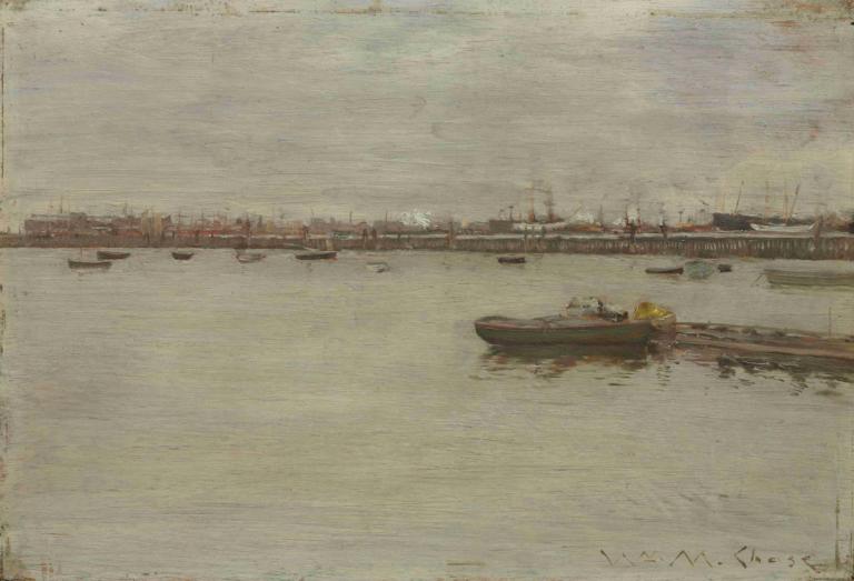 Gray Day on the Bay,William Merritt Chase,Oil Painting,Oil Painting, watercraft, boat, no humans, scenery