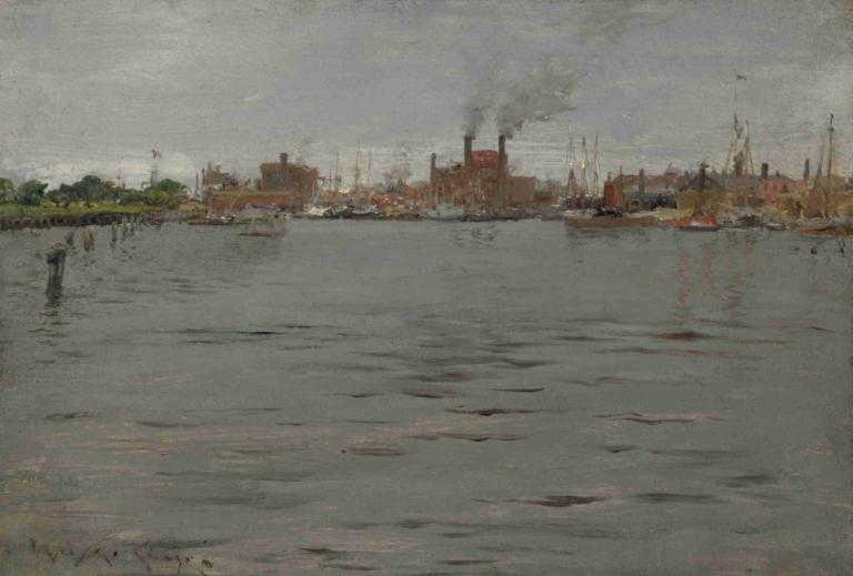 Harbor Scene, Brooklyn Docks,港の風景、ブルックリンの波止場,William Merritt Chase,ウィリアム・メリット・チェイス,油絵,油絵, 人間がいない, 景色, 屋外, 煙