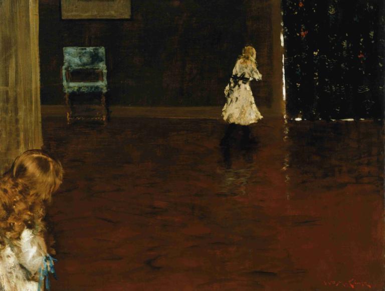 Hide And Seek,William Merritt Chase,Oil Painting,Oil Painting, dress, 1girl, long hair, window, night