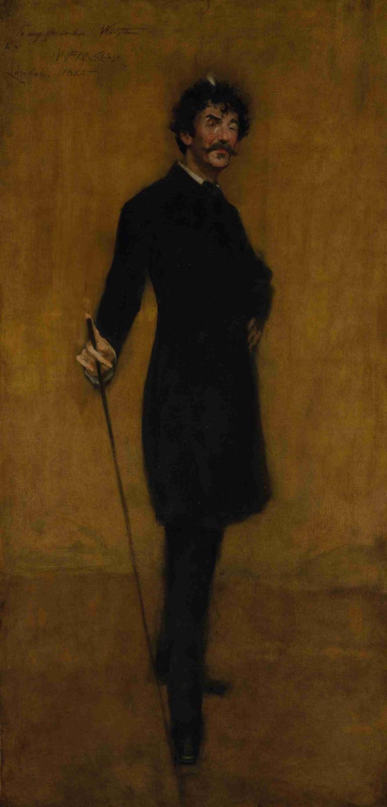 James Abbott McNeill Whistler,William Merritt Chase,Oil Painting,Oil Painting, solo, 1boy, cane, male focus