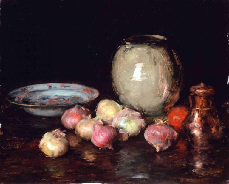 Just Onions,William Merritt Chase,Oil Painting,Oil Painting, food, no humans, food focus, still life, water