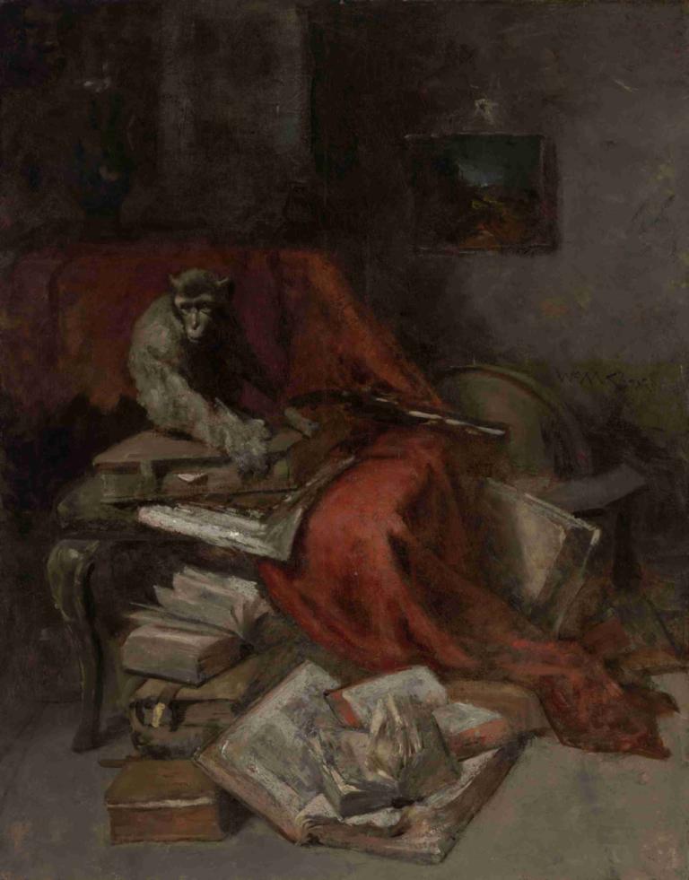 Monkeying with Literature,William Merritt Chase,Oil Painting,Oil Painting, book, 1boy, male focus, solo