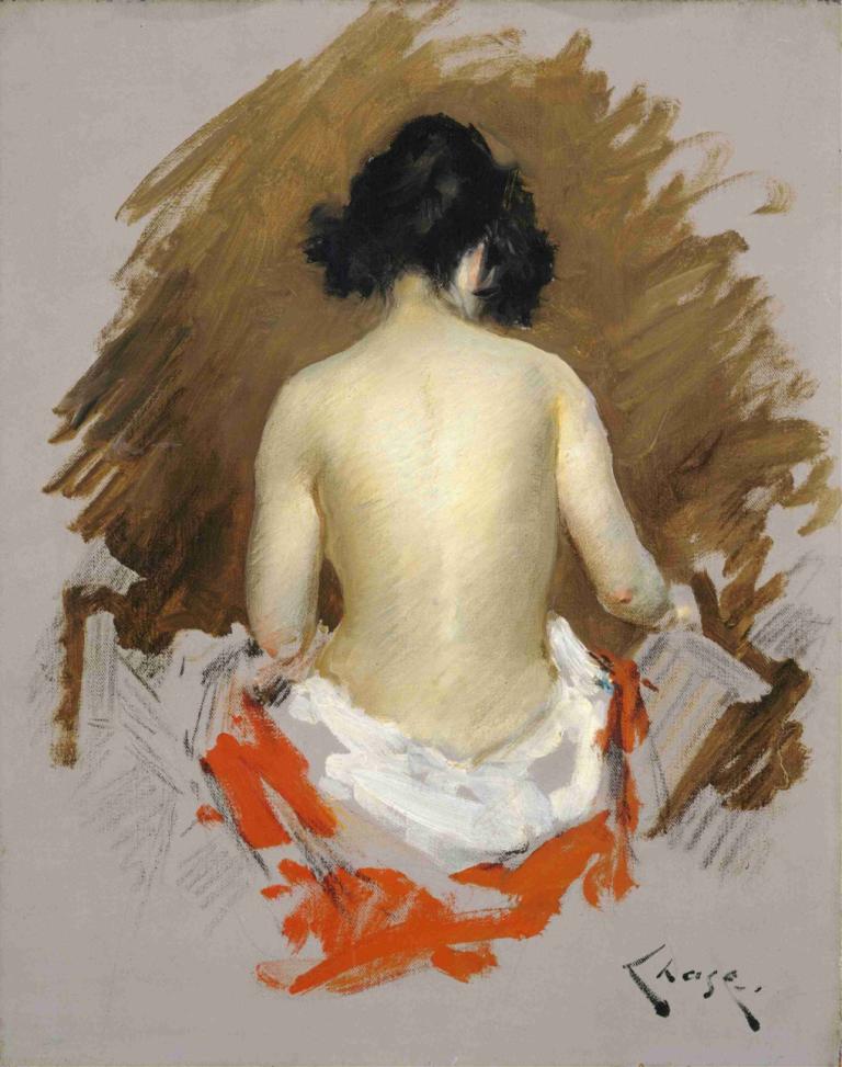 Nude,William Merritt Chase,Oil Painting,Oil Painting, solo, black hair, undressing, from behind