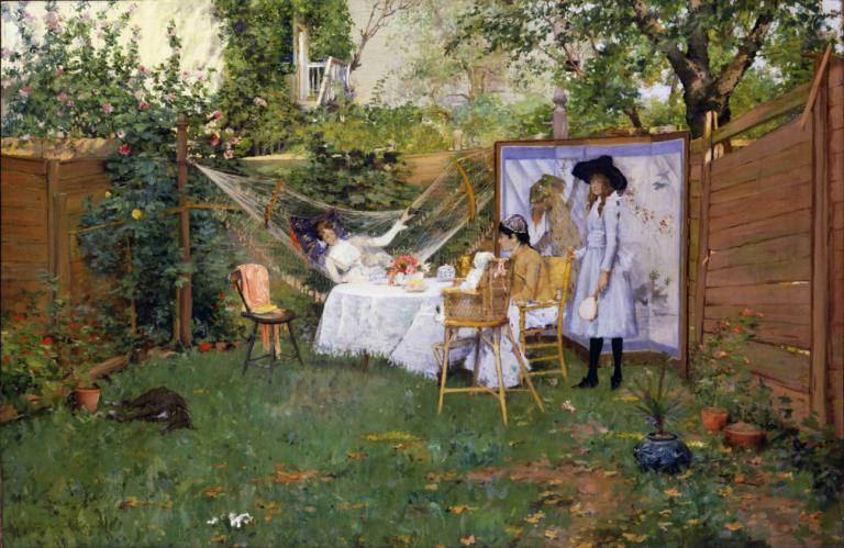 Open Air Breakfast,William Merritt Chase,Oil Painting,Oil Painting, chair, multiple girls, flower, grass