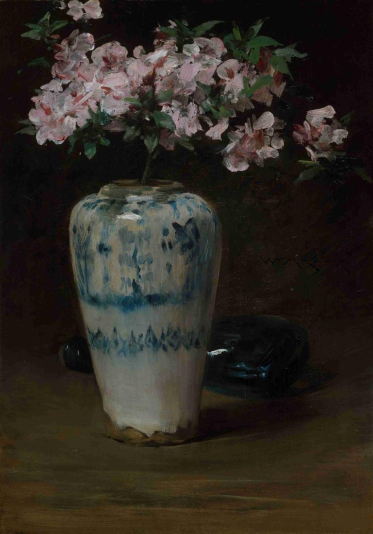 Pink Azalea, Chinese Vase,William Merritt Chase,Oil Painting,Oil Painting, flower, no humans, still life