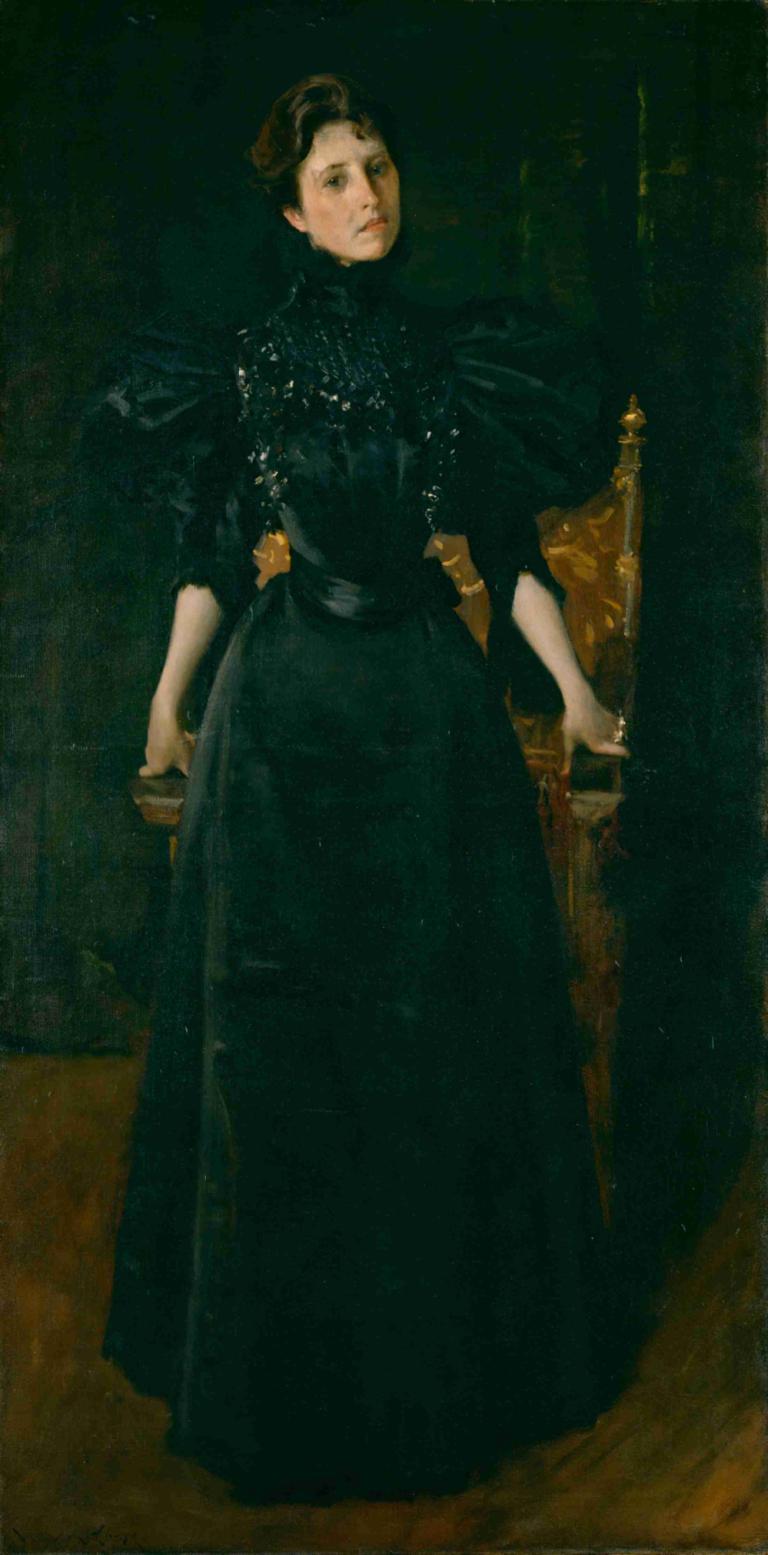 Portrait of a Lady in Black,William Merritt Chase,Oil Painting,Oil Painting, 1girl, solo, dress, black dress