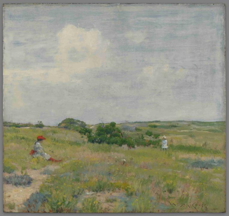 Shinnecock Hills,William Merritt Chase,Oil Painting,Oil Painting, outdoors, grass, border, umbrella, cloud